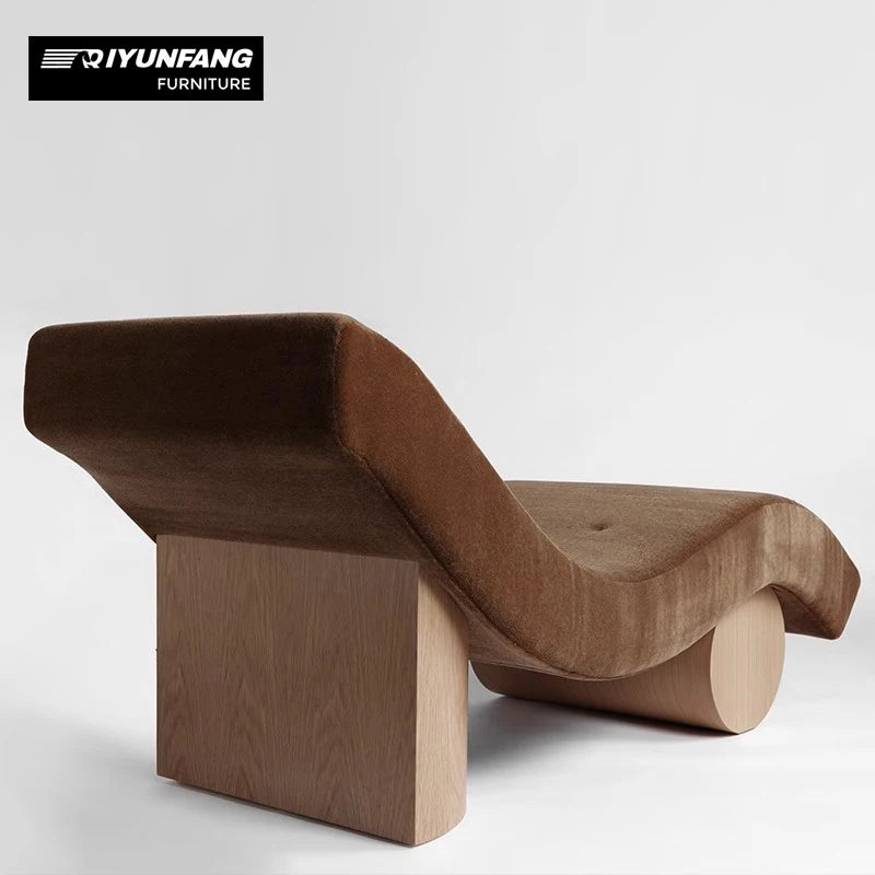 Modern Sculptural Fabric Lounge Chaise Solid Wood Base