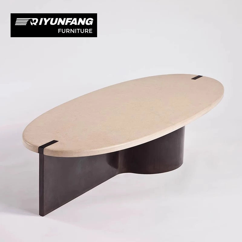 Minimalist Solid Wood Oval Coffee Table Marble Top Natural Finish