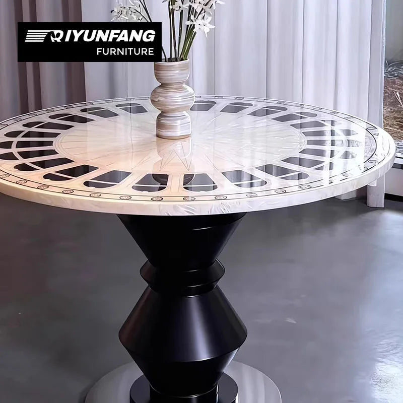 Shell Mosaic Solid Wood Round Dining Table Modern Sculpture