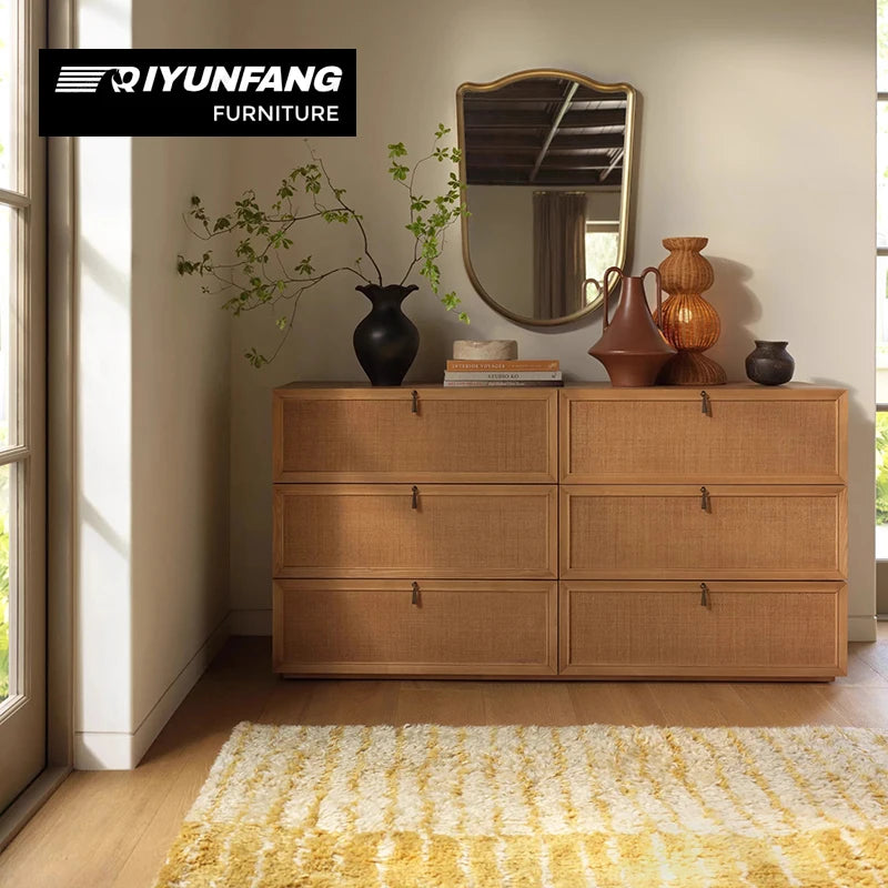 6-Drawer Rattan Storage Cabinet Modern American Ash Wood 165cm