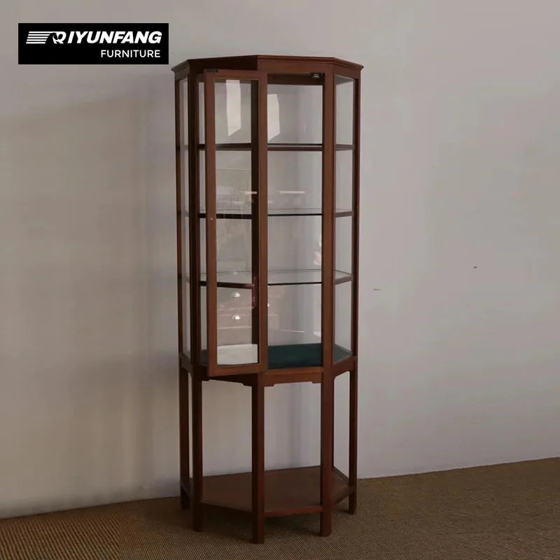 Solid Wood Glass Display Cabinet Vintage Floor Standing 180cm