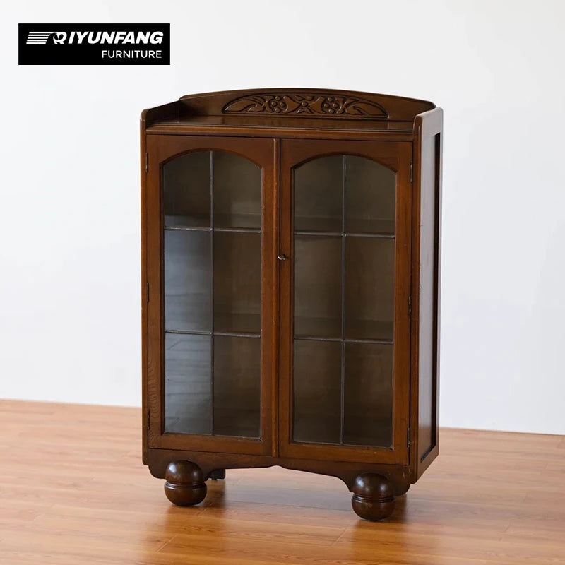 Contemporary Luxury 2-Door Glass Cabinet Solid Oak Walnut Finish