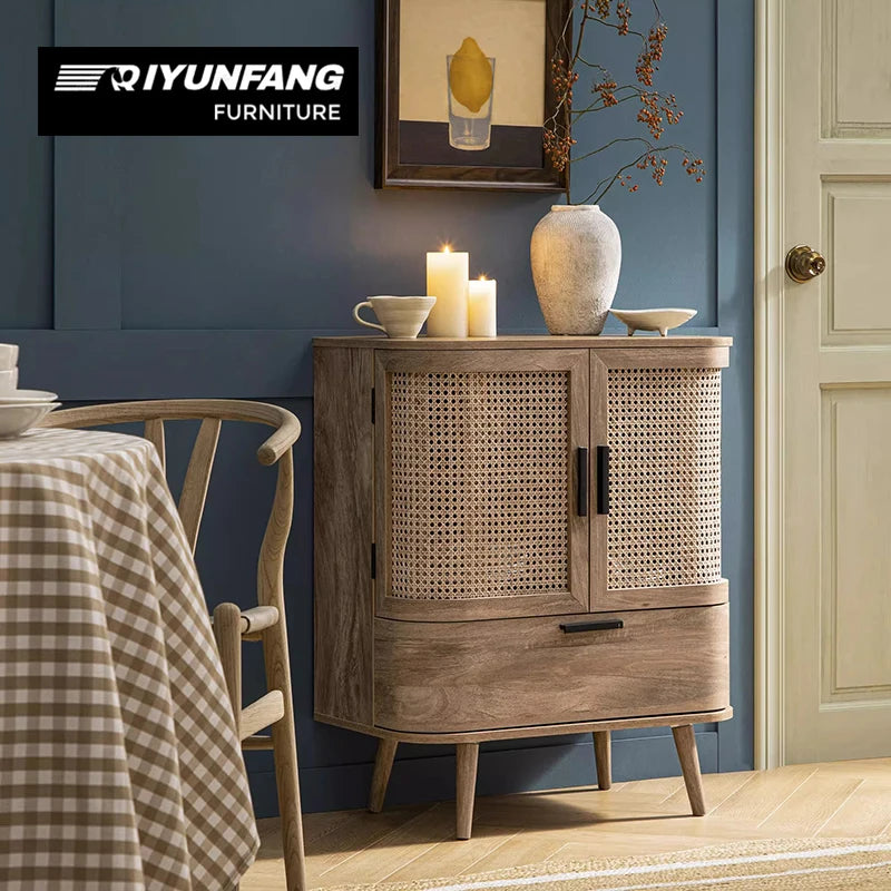 Rustic Solid Wood Sideboard Rattan Storage Console Cabinet