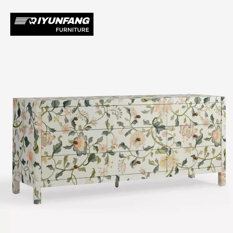 Hand-painted Floral Nine-drawer Wood Cabinet Modern Storage Unit