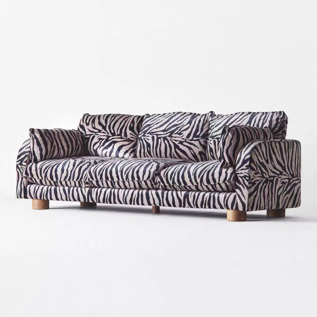 Zebra Print Fabric Upholstered Sofa Mid-Century Style Living Room