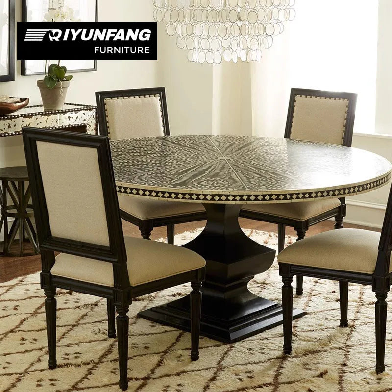 Neo-classical Round Dining Table Solid Wood Shell Inlay