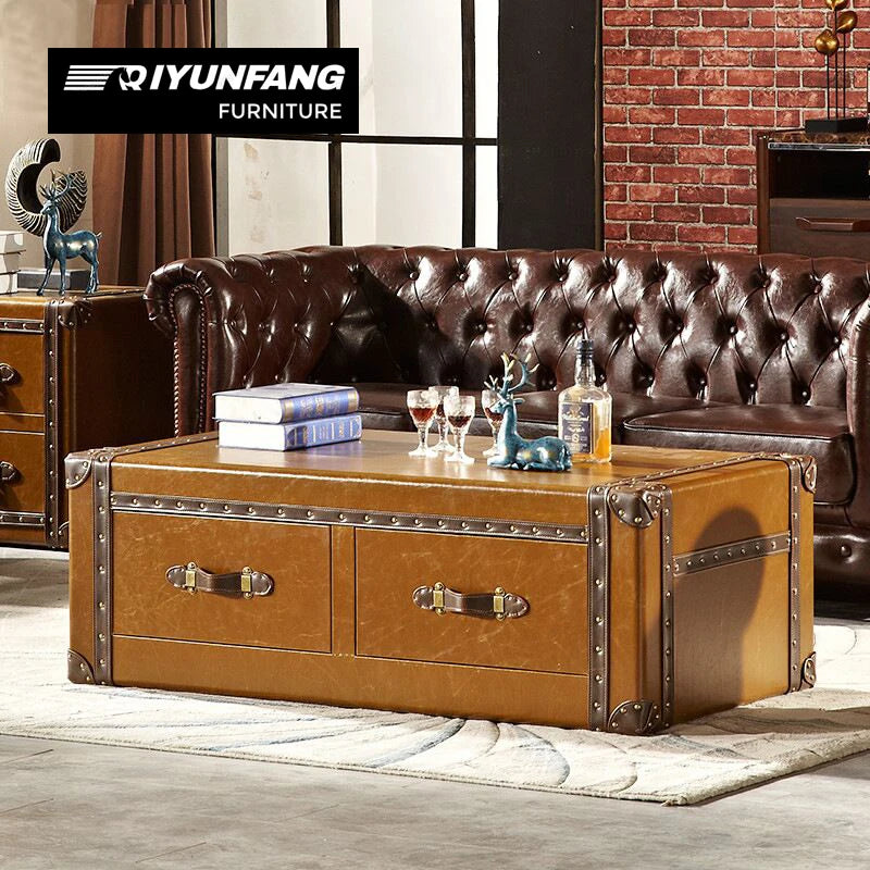 Retro Leather Suitcase Coffee Table with Drawer Storage 120cm