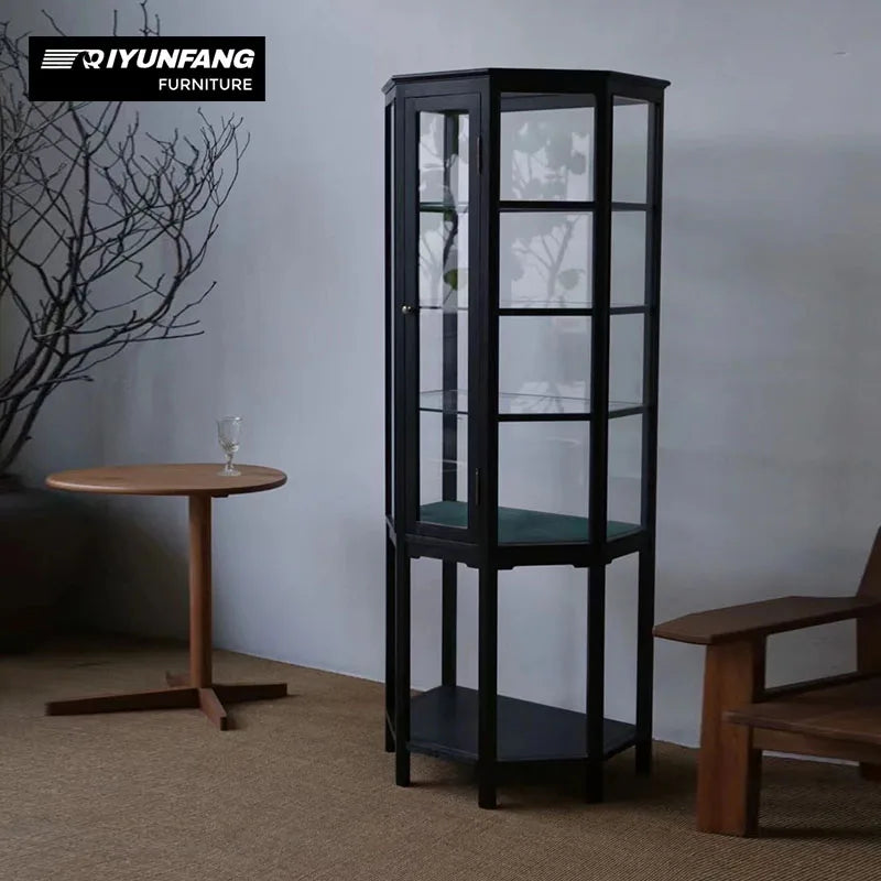 Solid Wood Glass Display Cabinet Vintage Floor Standing 180cm
