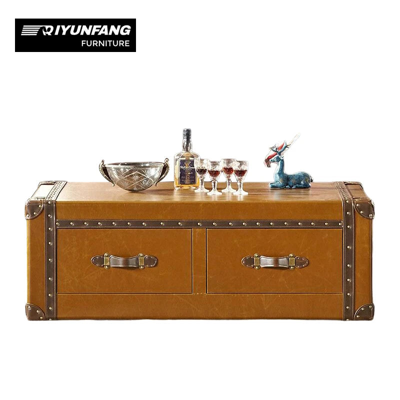 Retro Leather Suitcase Coffee Table with Drawer Storage 120cm