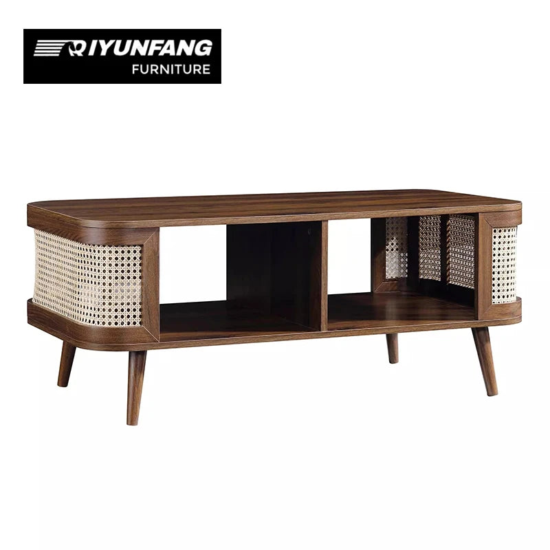 Vintage Oval Solid Wood and Rattan Coffee Table 110cm