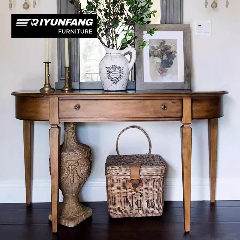 French Retro Solid Wood Semi-circular Entrance Console Table