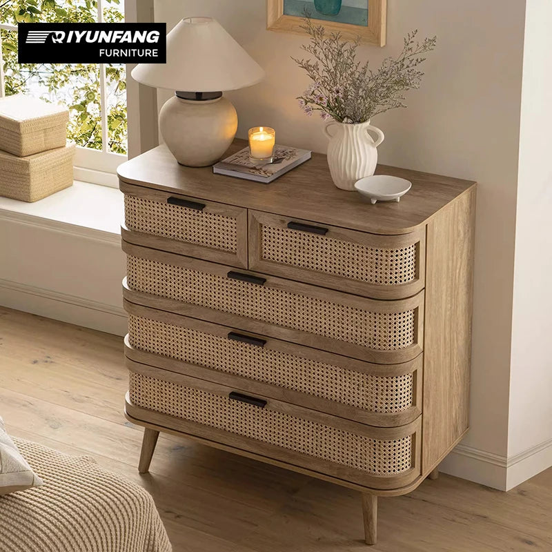 Retro Solid Wood Rattan Five-Drawer Bedside Cabinet 100cm