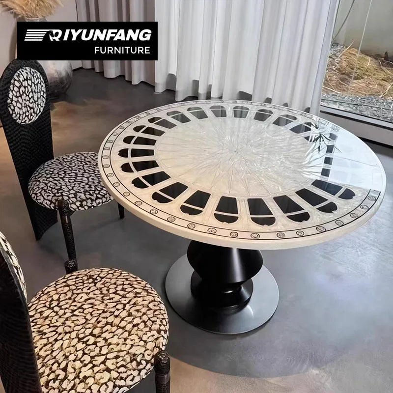 Shell Mosaic Solid Wood Round Dining Table Modern Sculpture