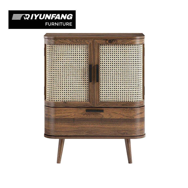 Rustic Solid Wood Sideboard Rattan Storage Console Cabinet