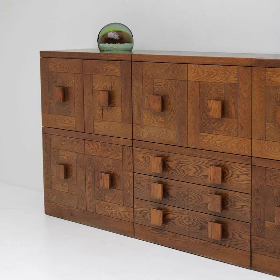 Modern Solid Oak Geometric Entrance Sideboard Cabinet 300cm Brown