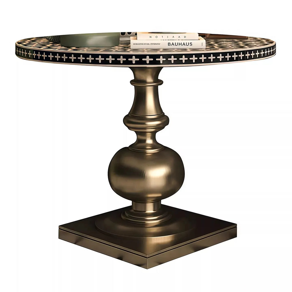 Solid Birch Wood Round Dining Table with Golden Inlay
