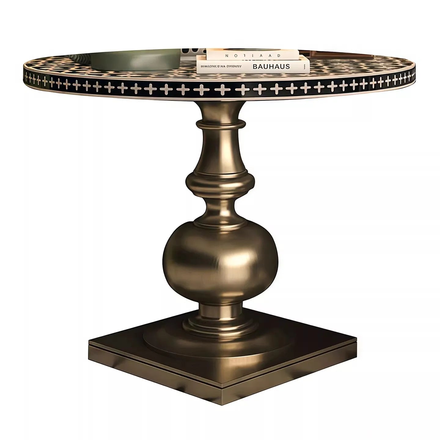 Solid Birch Wood Round Dining Table with Golden Inlay