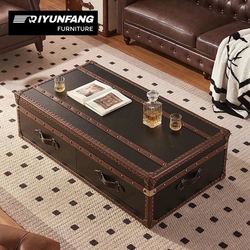 Retro Leather Suitcase Coffee Table with Drawer Storage 120cm