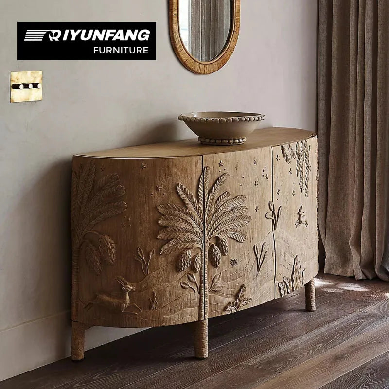 American Country Semicircular Entrance Hall Cabinet Solid Wood Carved