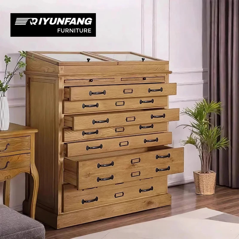 American-Style Solid Oak 9-Drawer Jewelry Display Cabinet