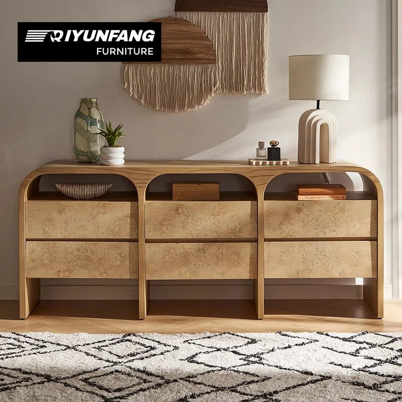 Retro Solid Wood Sideboard Minimalist 6-Drawer Curved Design