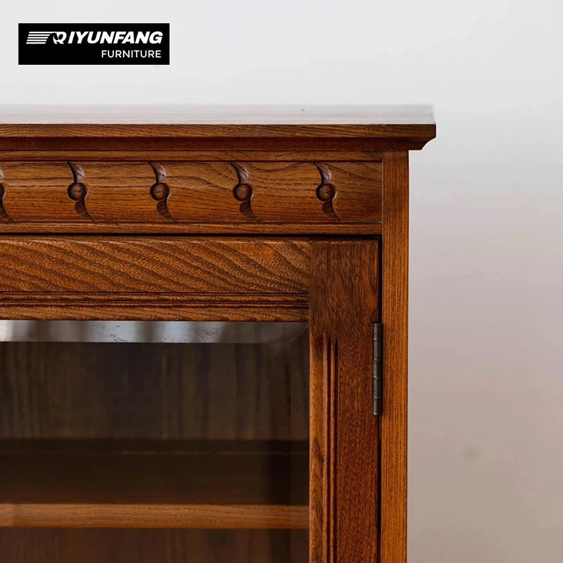 Solid Oak Wood Rustic Dining Hutch Cabinet Glass Display