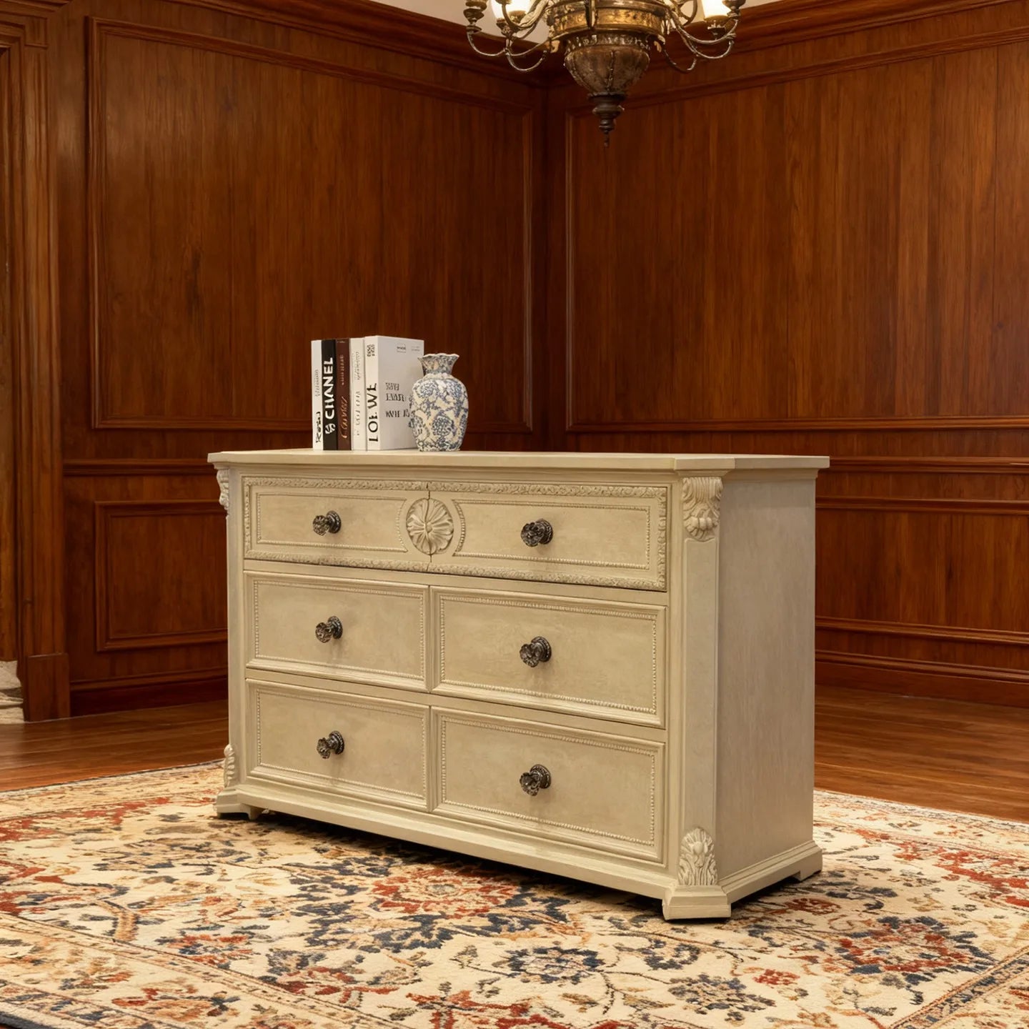 6-Drawer Solid Wood Dresser Traditional Carved Storage Cabinet