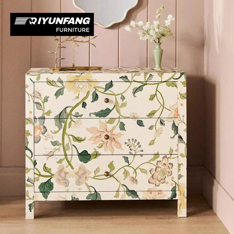 Hand-painted Floral Nine-drawer Wood Cabinet Modern Storage Unit