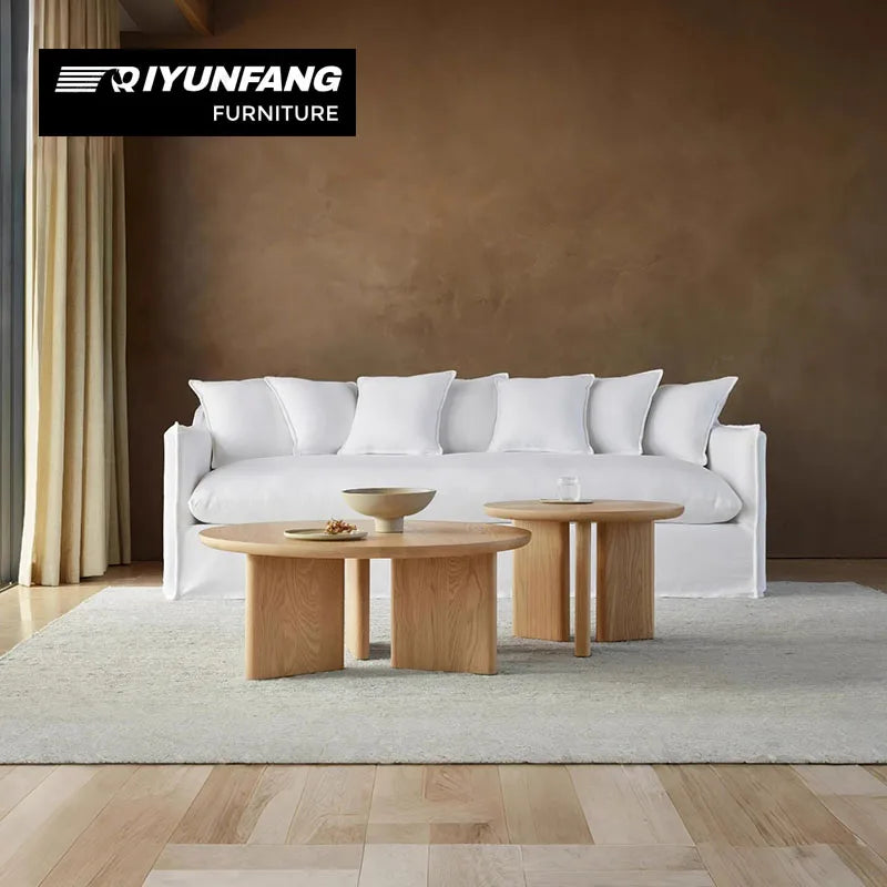 Modern Chesterfield Straight-back Linen Sofa Solid Wood Legs