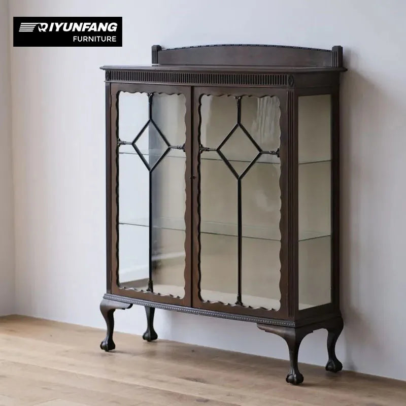 French Antique Carved Solid Wood Cabinet With Glass Doors