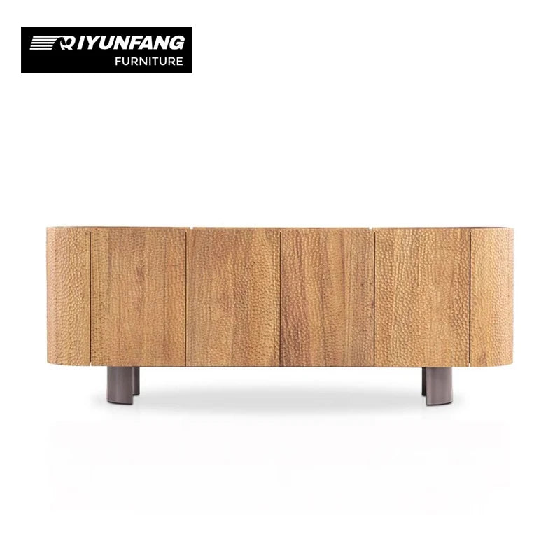 Solid Oak Four Door Dining Cabinet Metallic Legs 200cm Brown