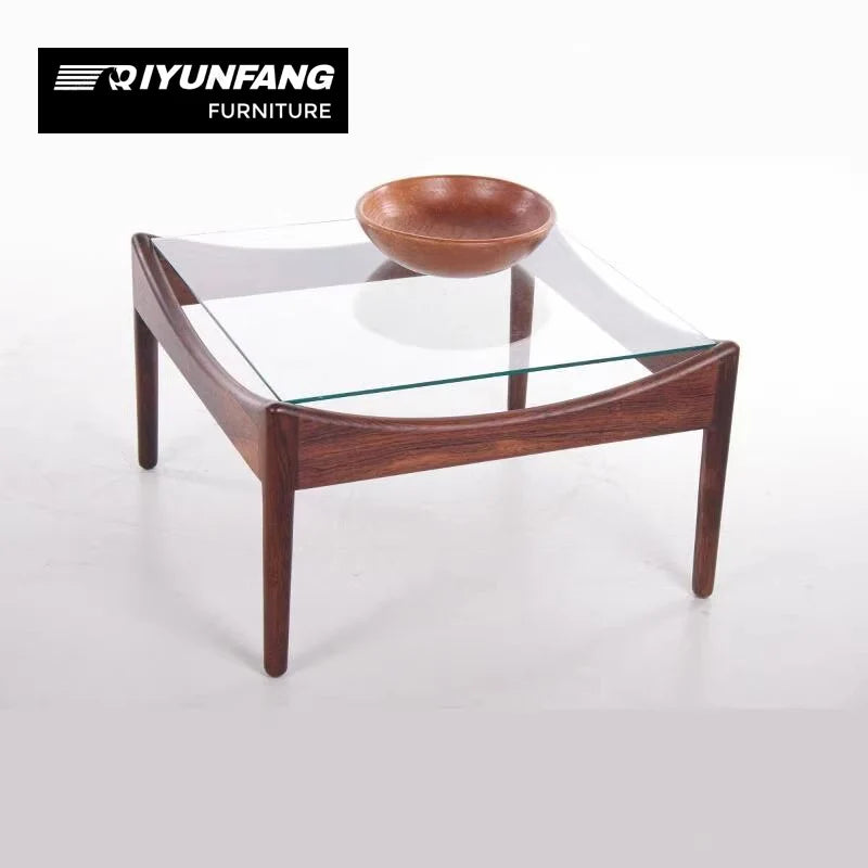 Square Tempered Glass and Solid Wood Coffee Table 55cm Nut-Brown