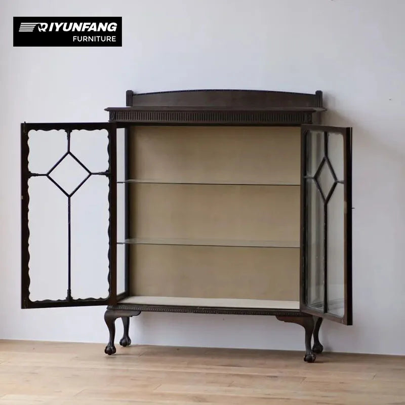 French Antique Carved Solid Wood Cabinet With Glass Doors