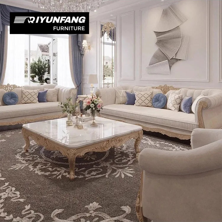 Baroque Chesterfield Sofa Set French Style Solid Wood Fabric