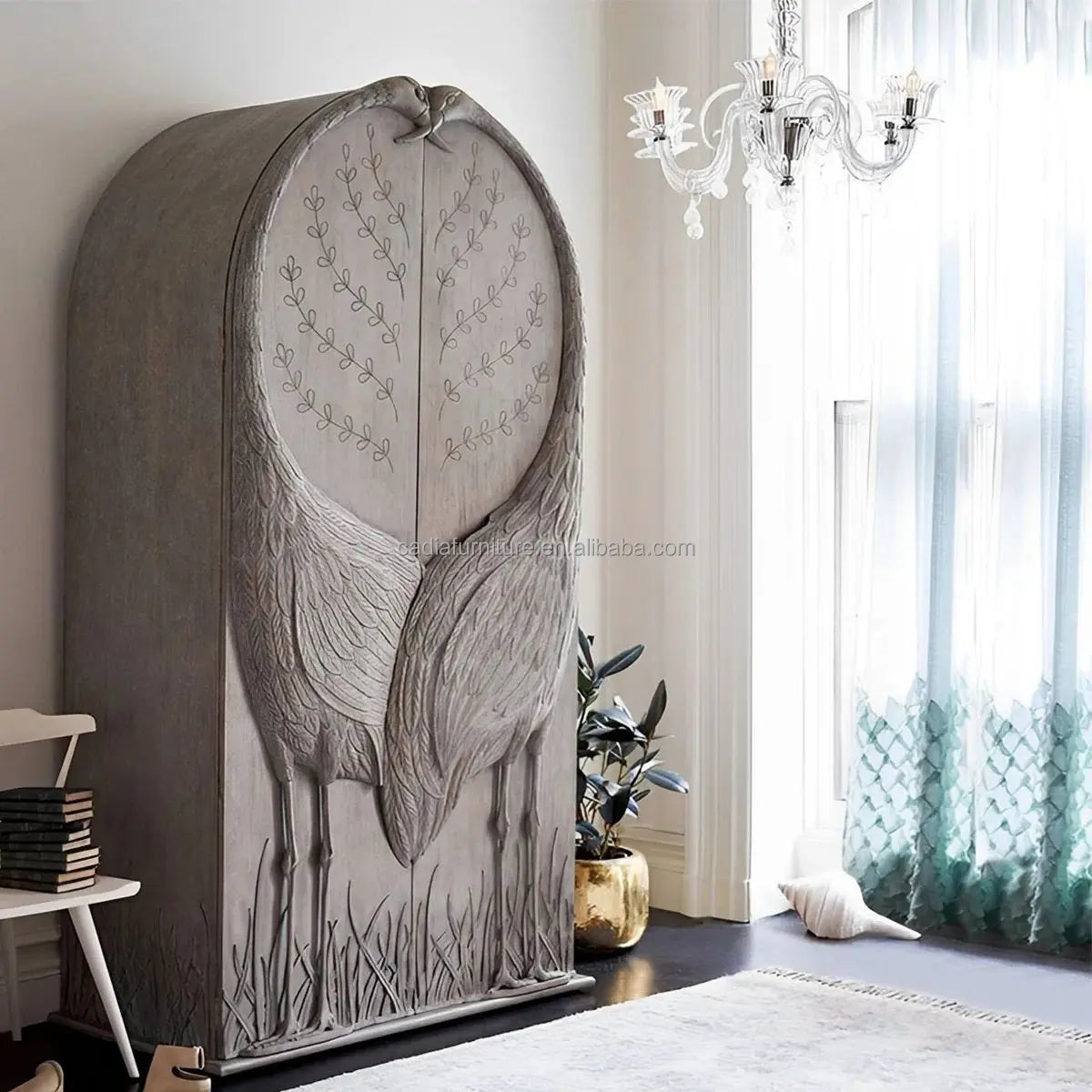 French Modern Solid Wood Wardrobe with Carved Crane 4 Drawers