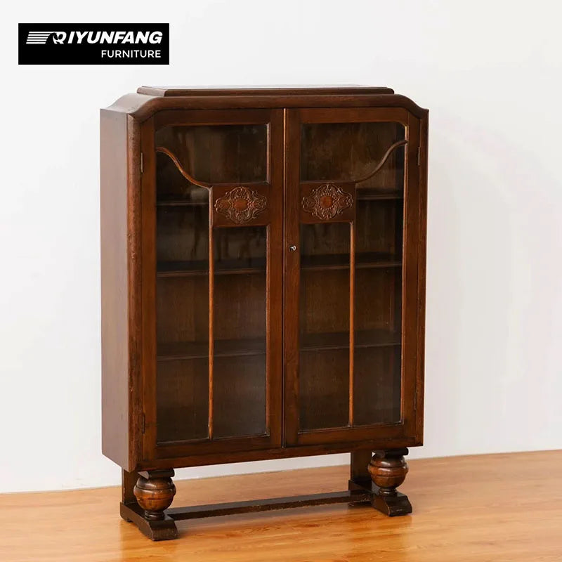 Distressed Cherry Wood Entrance Hall Storage Cabinet with Glass Door