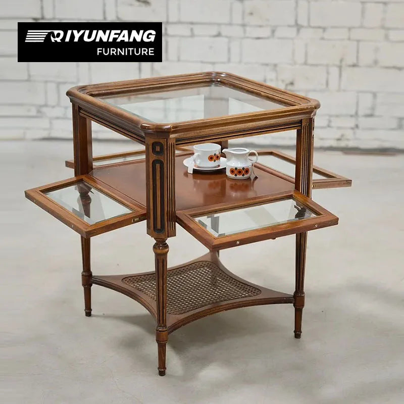 Vintage Solid Wood Round Side Table Glass Top Rattan