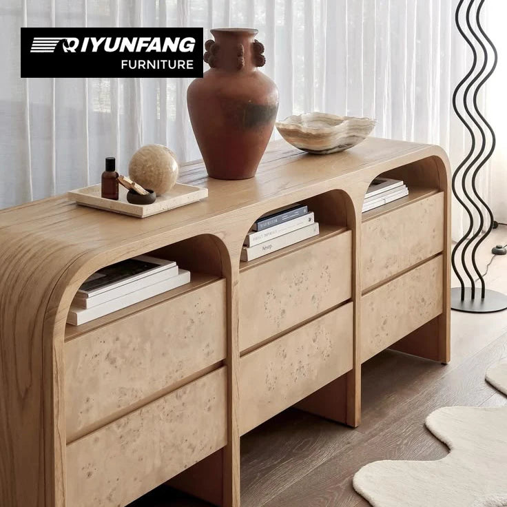 Retro Solid Wood Sideboard Minimalist 6-Drawer Curved Design