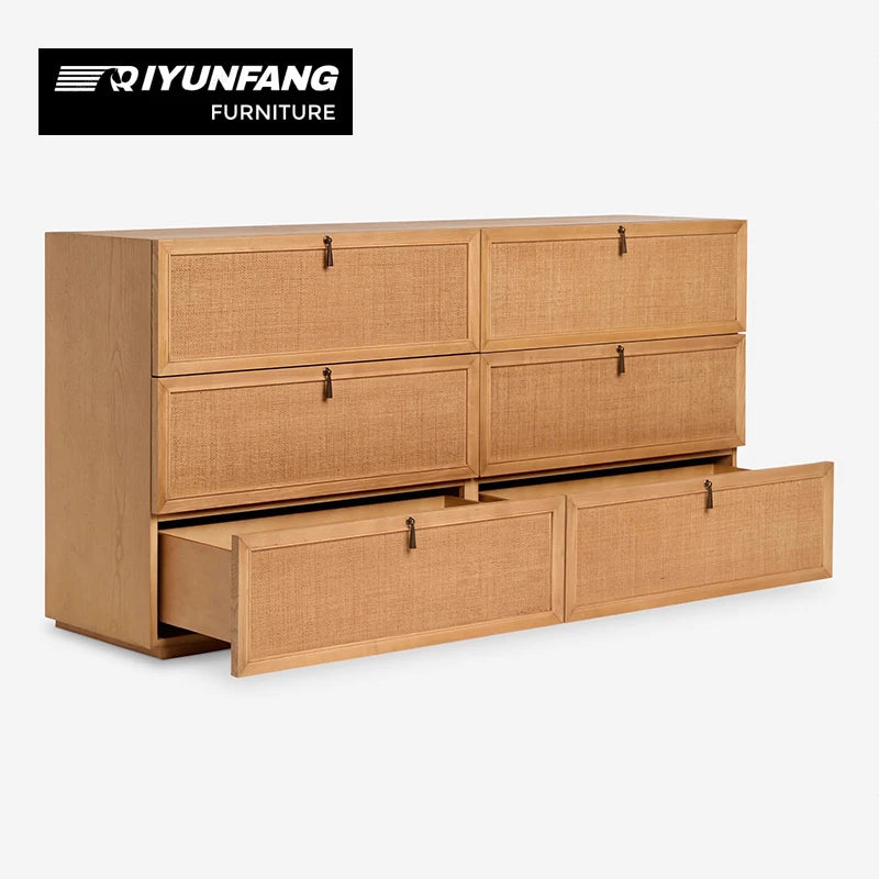 6-Drawer Rattan Storage Cabinet Modern American Ash Wood 165cm