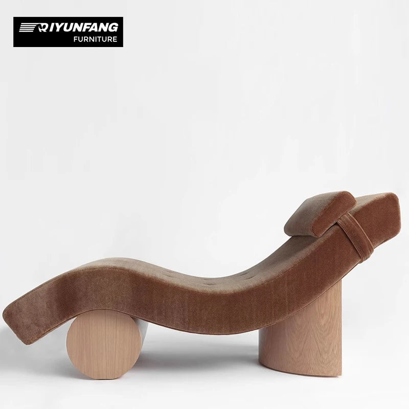 Modern Sculptural Fabric Lounge Chaise Solid Wood Base