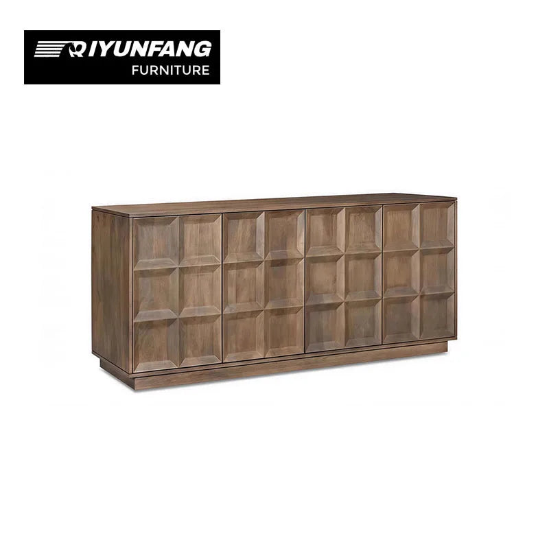 Solid Oak Wood Engraved Four-Door Living Room Cabinet Minimalist Design