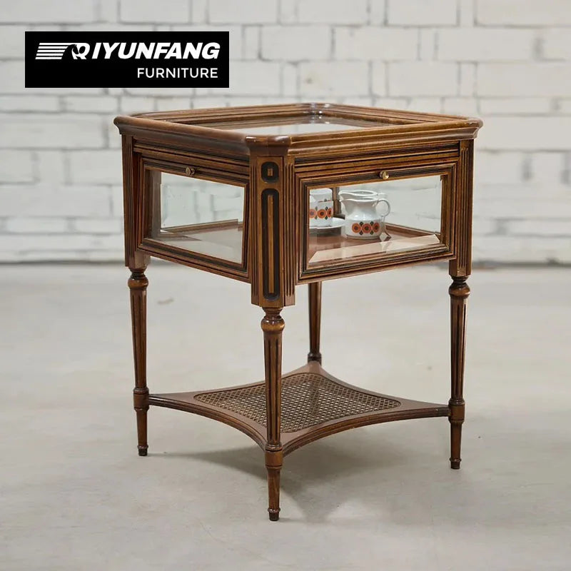 Vintage Solid Wood Round Side Table Glass Top Rattan