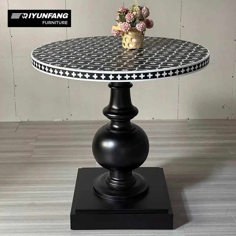 Modern Round Solid Wood Dining Table With Shell Inlay Base