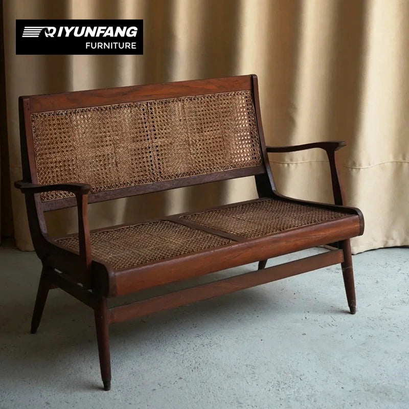 Traditional Nordic Solid Wood Rattan Sofa Chair Vintage Walnut