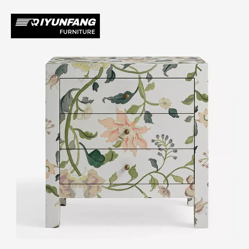 Hand-painted Floral Nine-drawer Wood Cabinet Modern Storage Unit