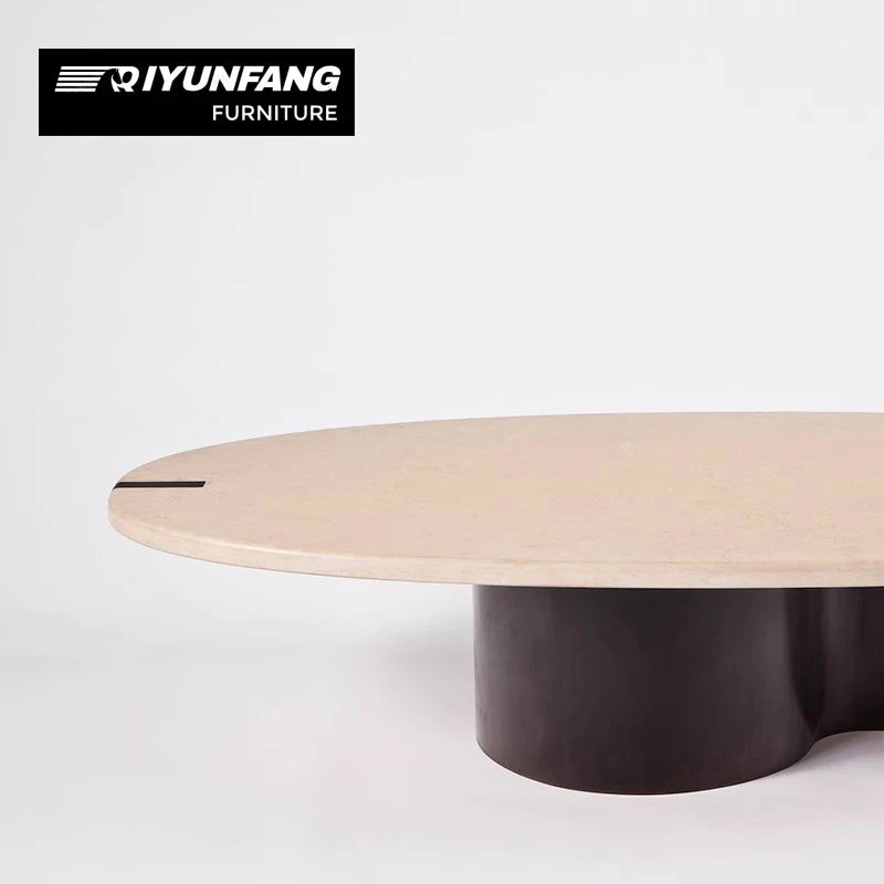 Minimalist Solid Wood Oval Coffee Table Marble Top Natural Finish