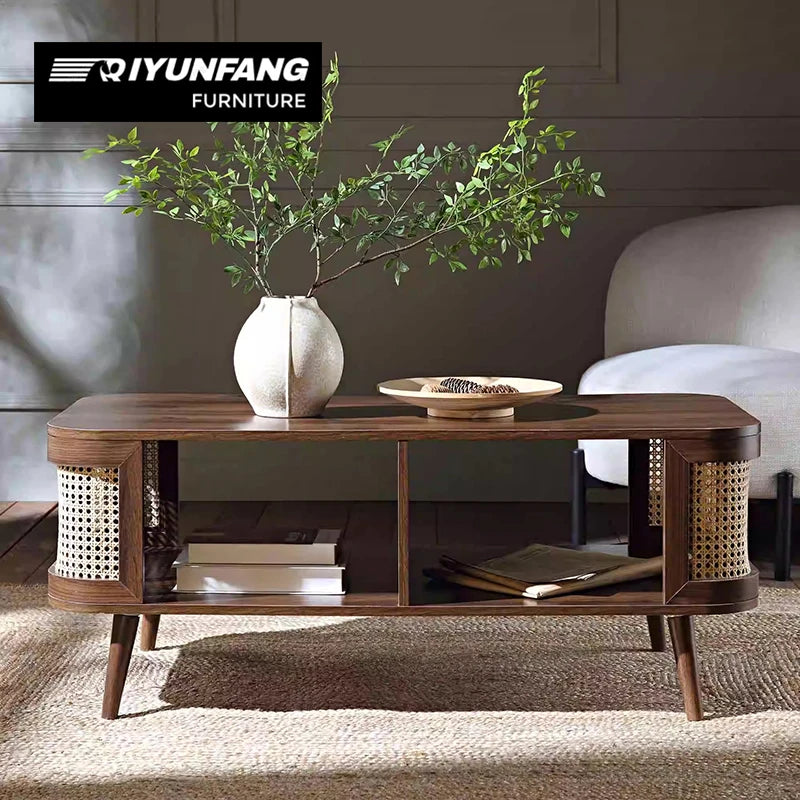 Vintage Oval Solid Wood and Rattan Coffee Table 110cm