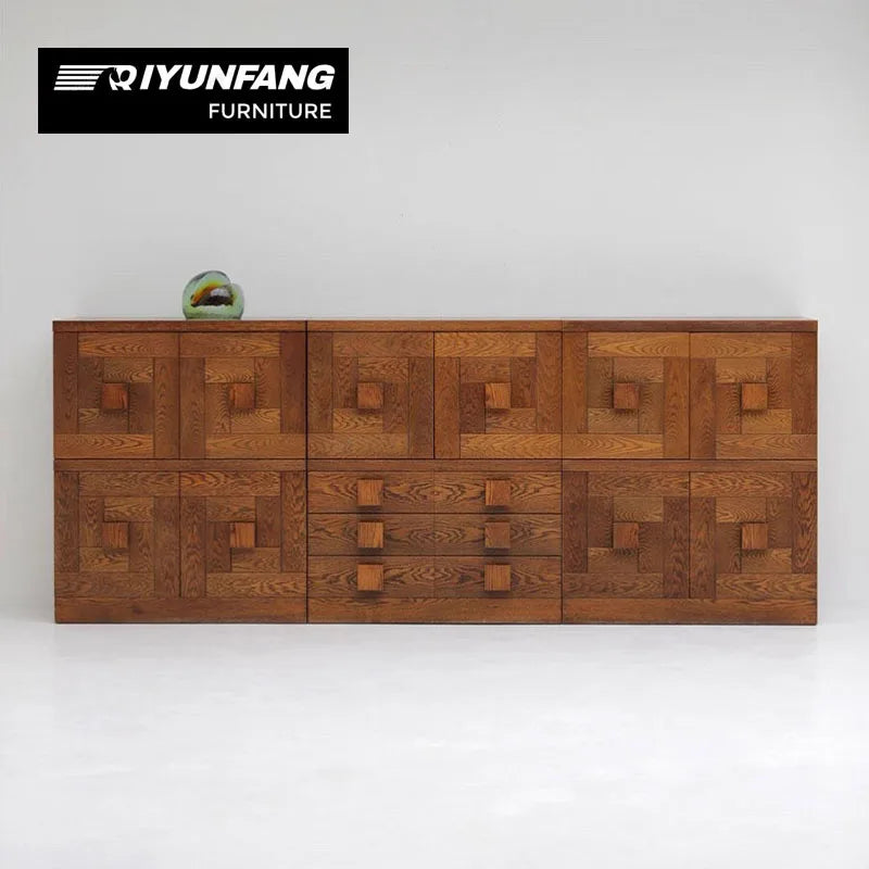 Modern Solid Oak Geometric Entrance Sideboard Cabinet 300cm Brown