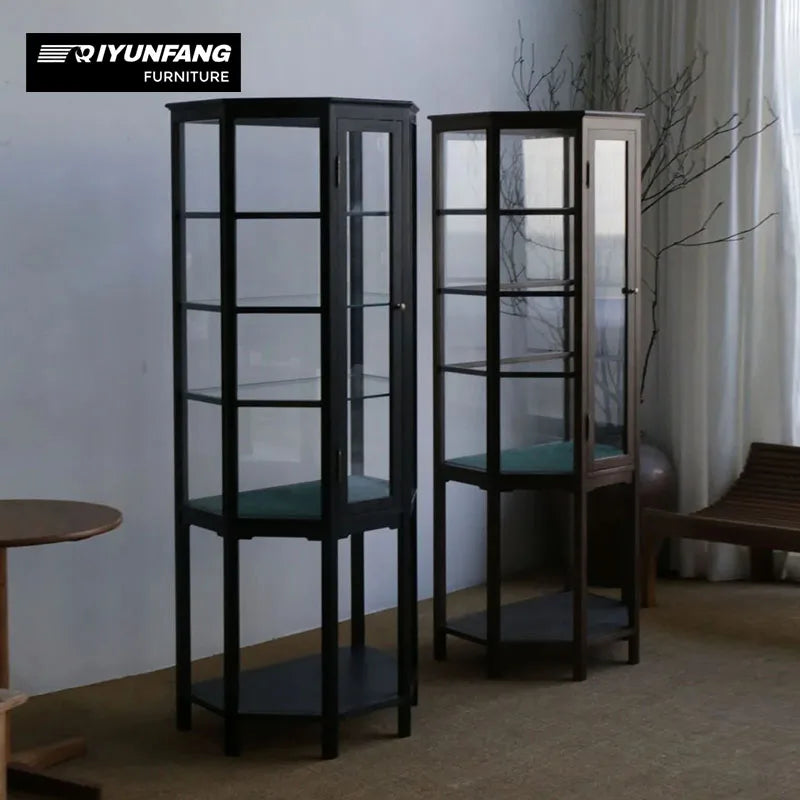 Solid Wood Glass Display Cabinet Vintage Floor Standing 180cm