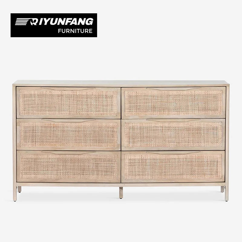 Solid Wood 6-Drawer Side Cabinet Rattan Woven Modern Storage